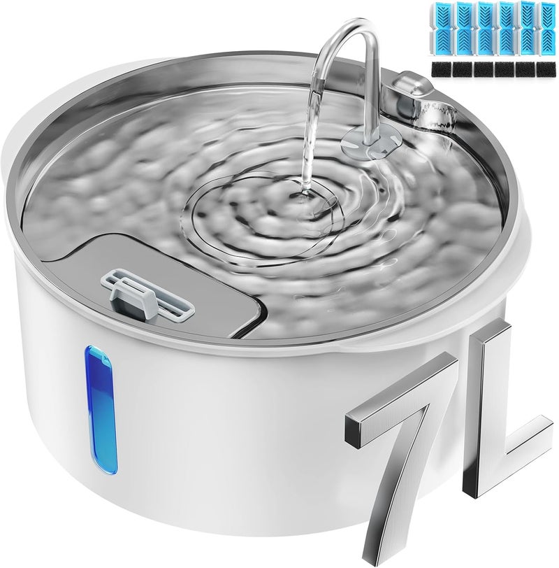 PEKTACO Dog Water Fountain for Large Dogs, 1.8Gal/7L Pet Water Fountain, Dog Water Bowl Dispenser with Viewing Window & LED, Super Quiet, Stainless Steel Tray Easy Clean BPA-Free(with 6 Filters) - Image 1